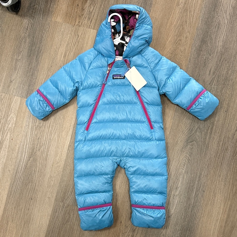 Patagonia Light Blue Snowsuit with Pink Trim